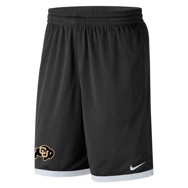 Black mesh nike shorts with white trim and a c-u buffalo logo on the right thigh, with a nike swoosh on the left.
